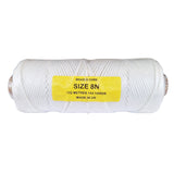 Spool of white braided cord with a yellow label on a white background