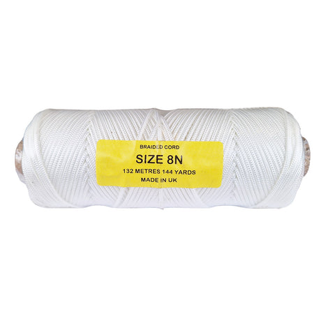 Spool of white braided cord with a yellow label on a white background