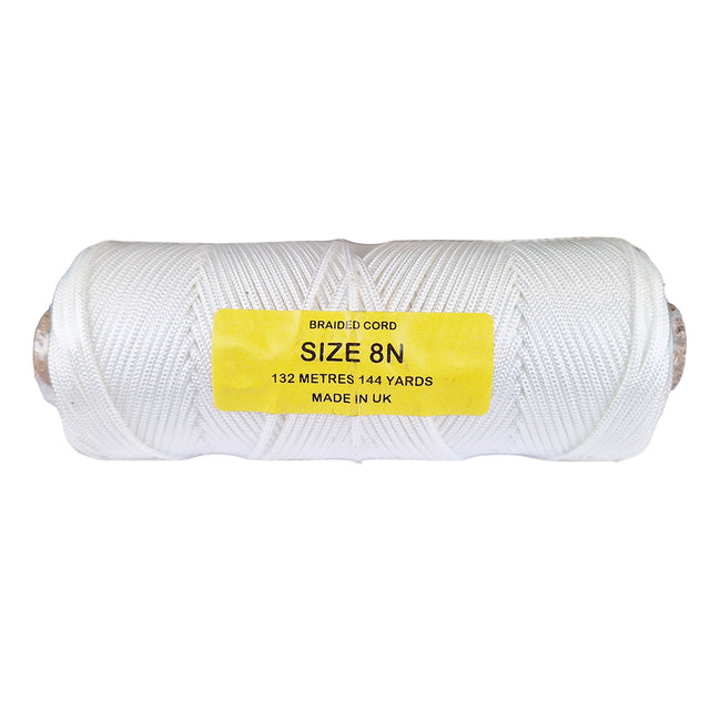 Spool of white braided cord with a yellow label on a white background