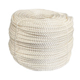 Coil of 10mm white nylon rope on a white background