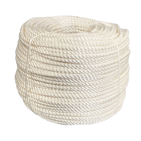 Coil of 10mm white nylon rope on a white background