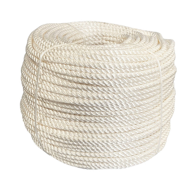 Coil of 10mm white nylon rope on a white background