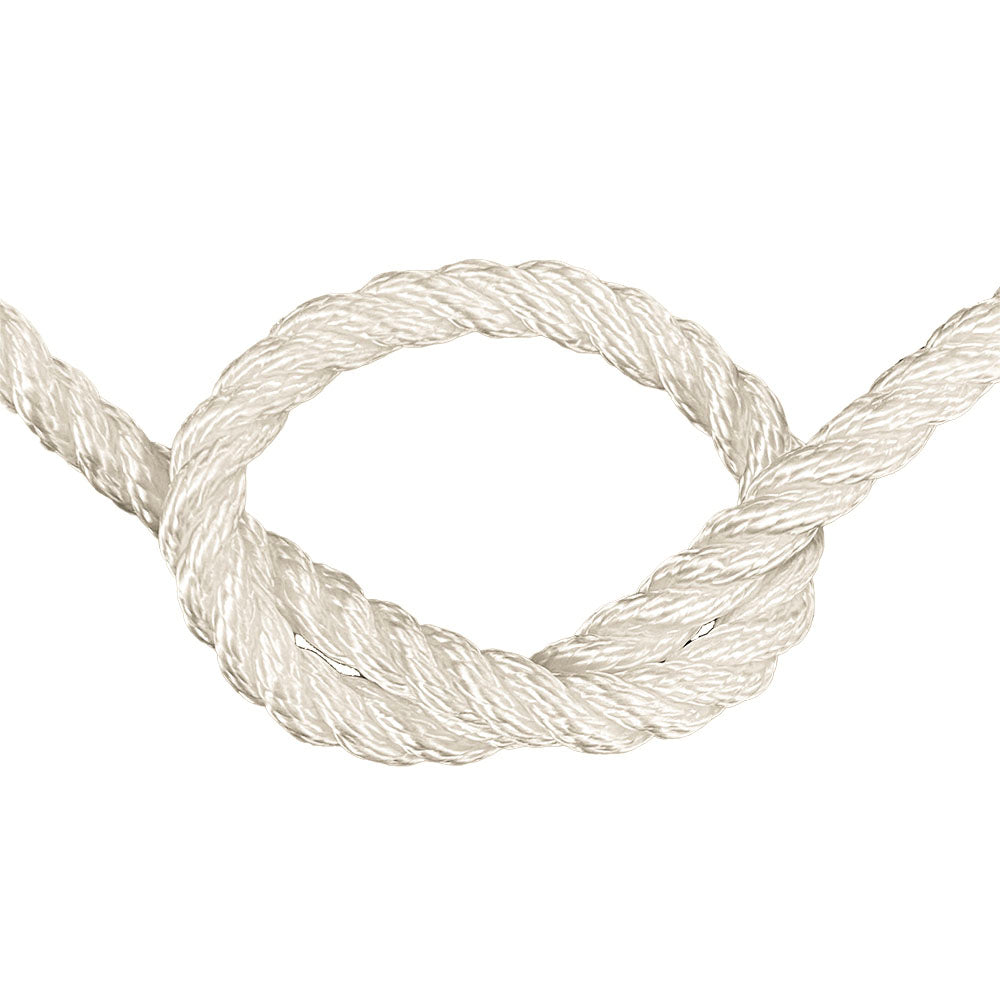 Close-up of 10mm nylon rope in a knot on a white background