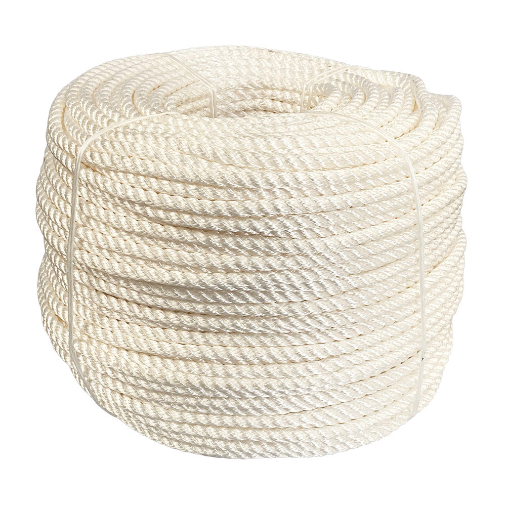 Coil of 12mm white nylon rope on a white background
