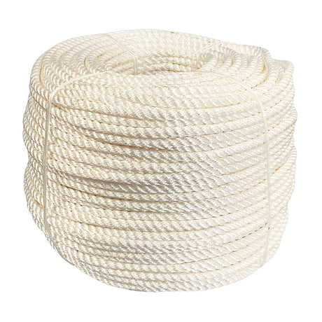 Coil of 12mm white nylon rope on a white background