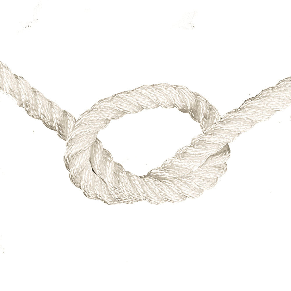 Close-up of 12mm nylon rope in a knot on a white background