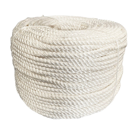 Coil of 14mm white nylon rope on a white background