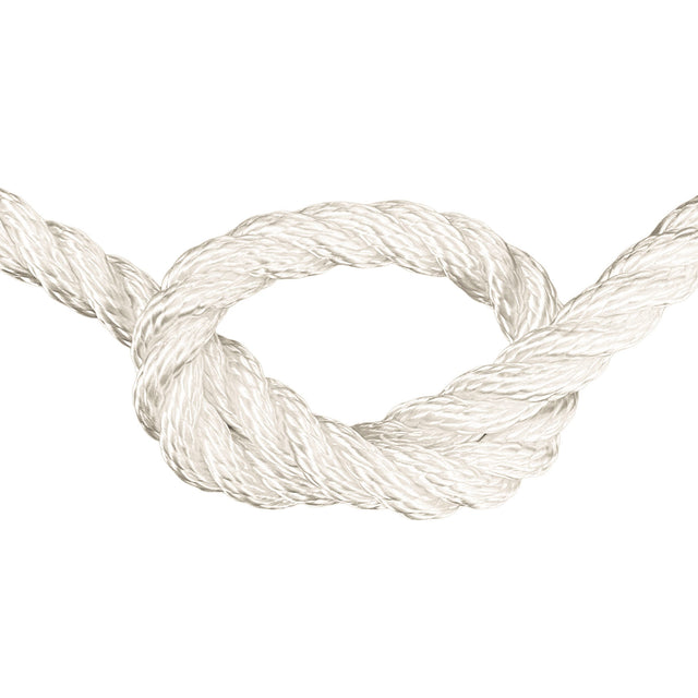 Close-up of 14mm nylon rope in a knot on a white background