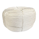 Coil of 16mm white nylon rope on a white background