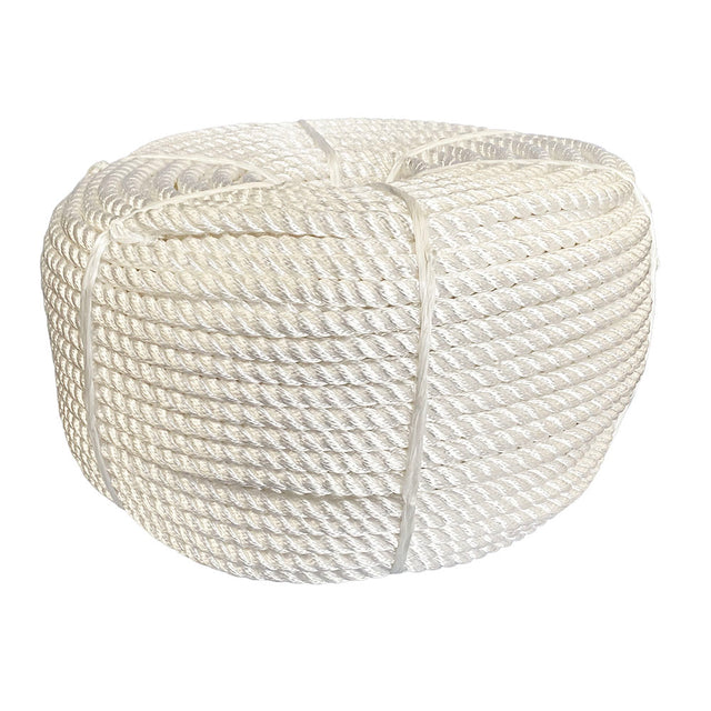 Coil of 16mm white nylon rope on a white background