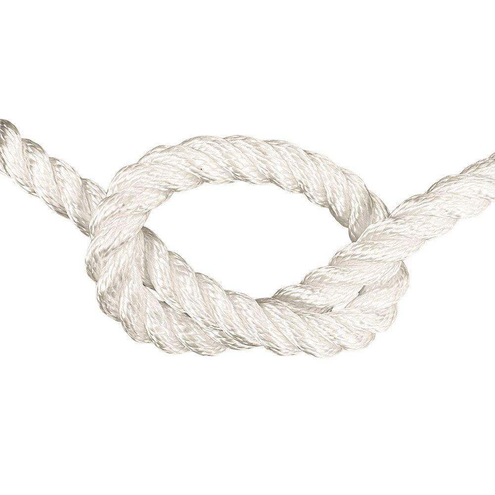 Close-up of 16mm nylon rope in a knot on a white background