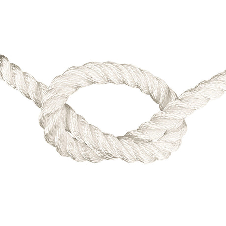 Close-up of 16mm nylon rope in a knot on a white background