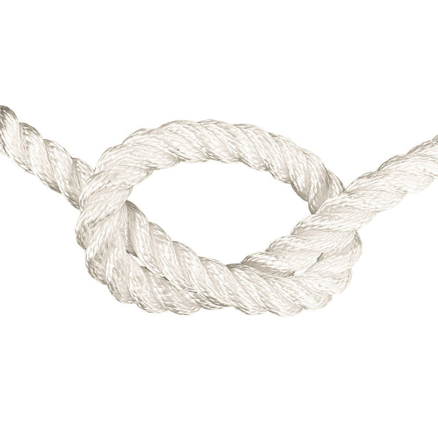 Close-up of 16mm nylon rope in a knot on a white background
