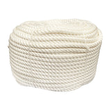 Coil of 18mm white nylon rope on a white background
