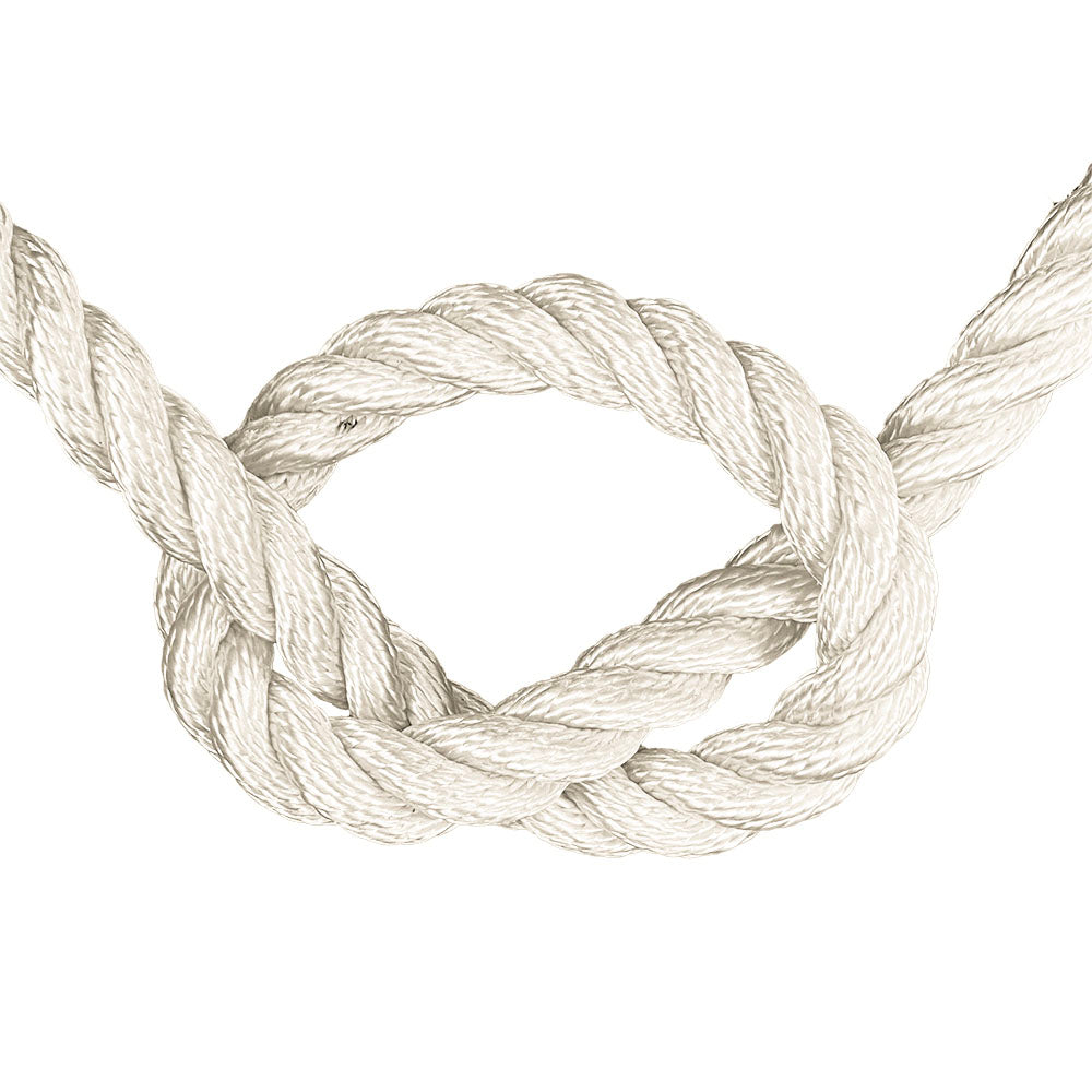 Close-up of 18mm nylon rope in a knot on a white background