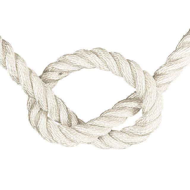 Close-up of 18mm nylon rope in a knot on a white background