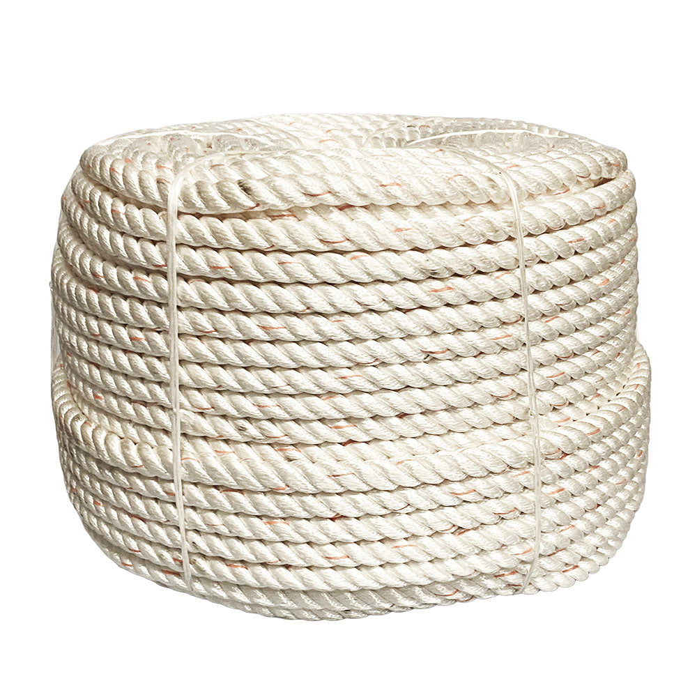 Coil of 20mm white nylon rope with an orange fleck on a white background