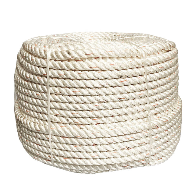 Coil of 20mm white nylon rope with an orange fleck on a white background