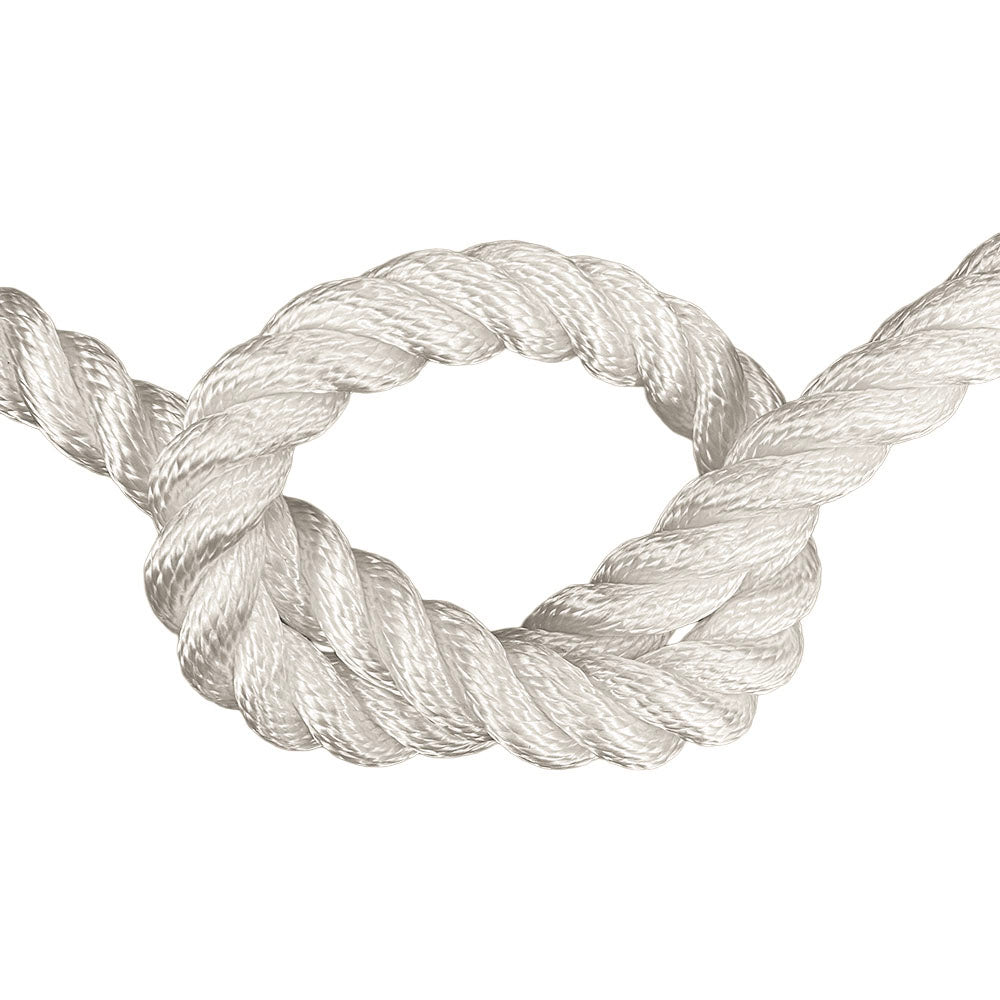 Close-up of 20mm nylon rope in a knot on a white background