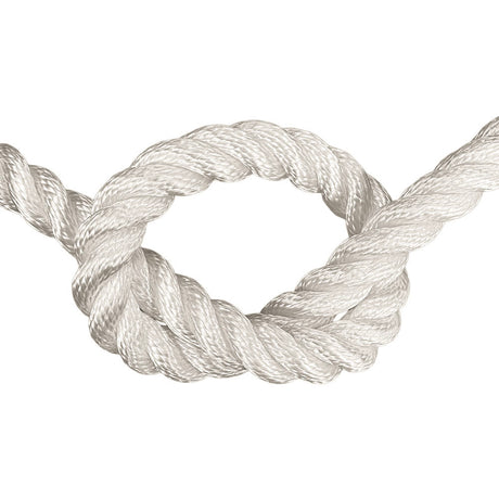 Close-up of 20mm nylon rope in a knot on a white background