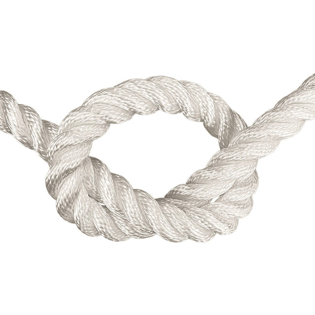 Close-up of 20mm nylon rope in a knot on a white background