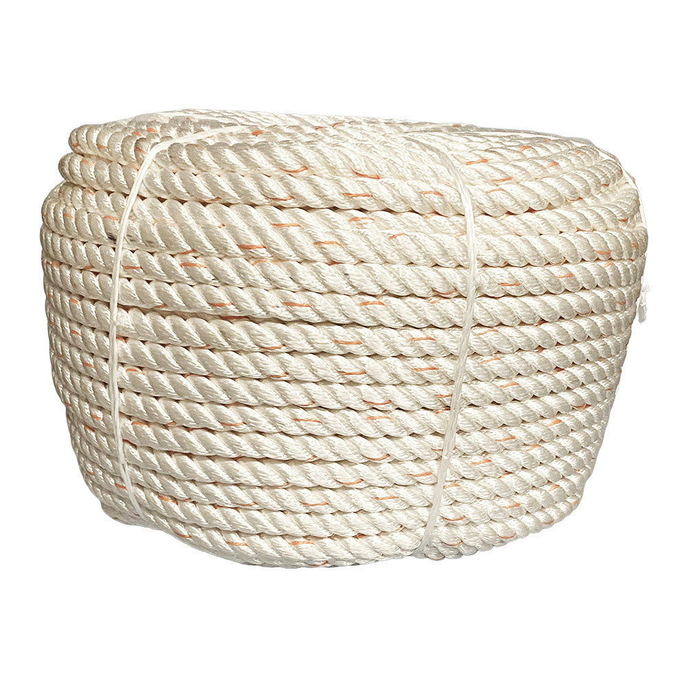 Coil of 24mm white nylon rope with an orange fleck on a white background