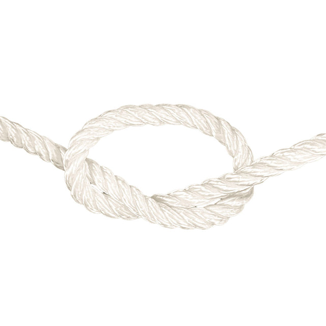 Close-up of 6mm nylon rope in a knot on a white background