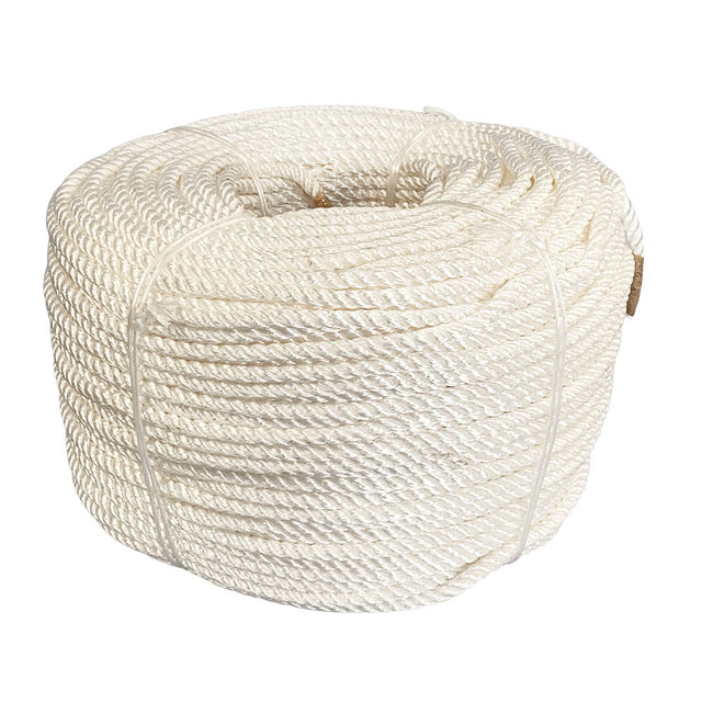 Coil of 8mm white nylon rope on a white background
