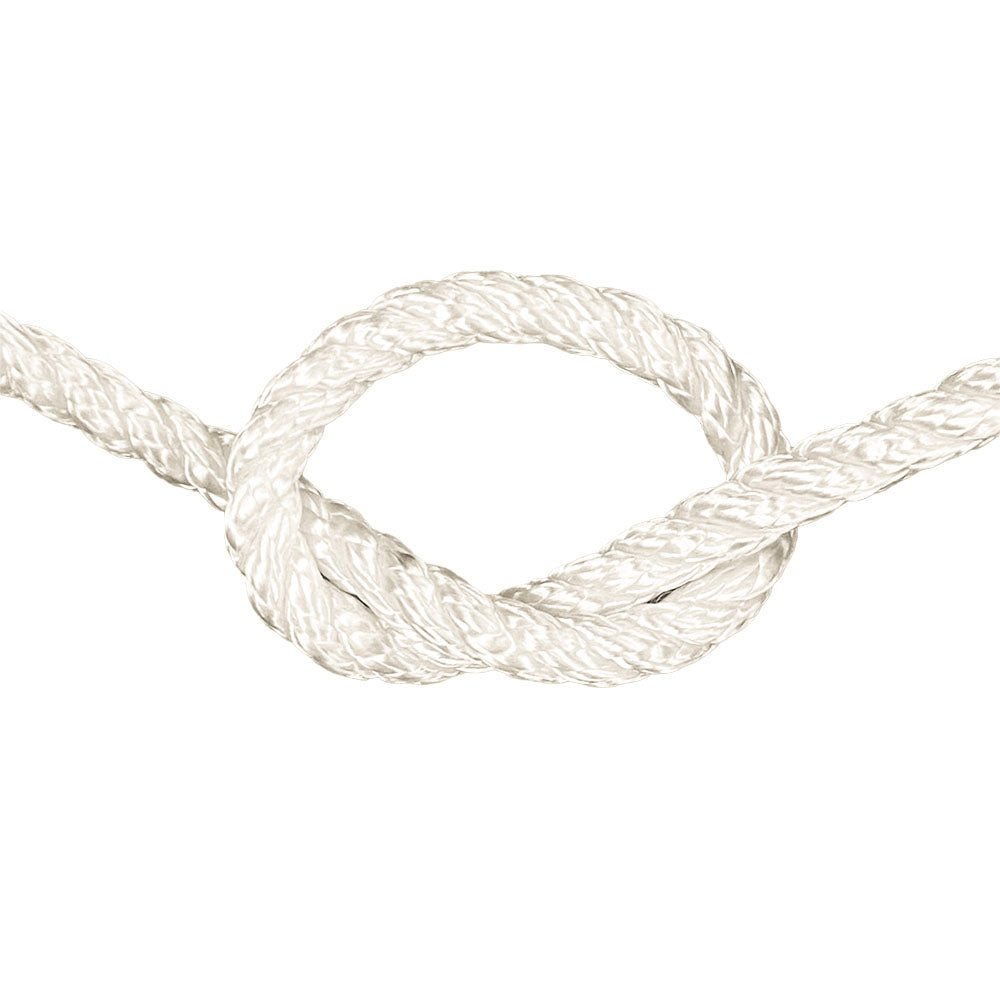 Close-up of 8mm nylon rope in a knot on a white background