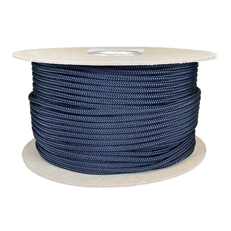 Spool of 5mm black nylon cord on a cardboard reel against a white background