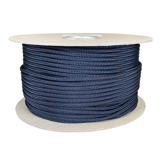 Spool of 5mm black nylon cord on a cardboard reel against a white background