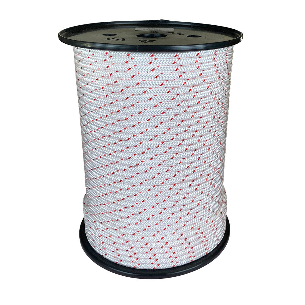 Spool of 5mm white starter cord with red markers on a white background
