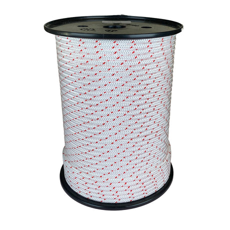 Spool of 5mm white starter cord with red markers on a white background