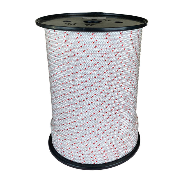 Spool of 5mm white starter cord with red markers on a white background