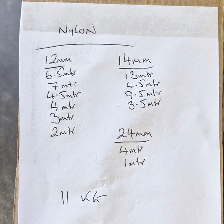 A handwritten note on a piece of white paper detailing nylon rope specifications by diameter, including sizes 12mm, 14mm, and 24mm with corresponding lengths in meters.