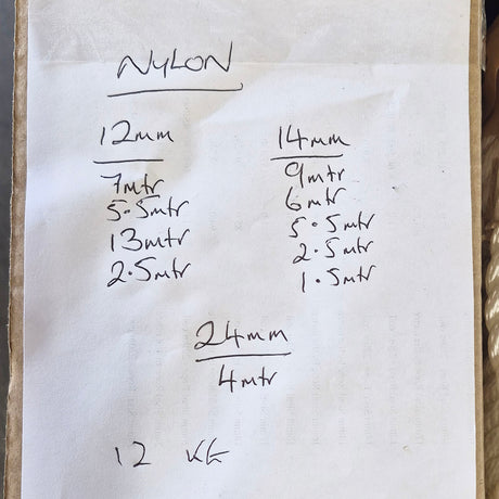 A handwritten note on a white sheet of paper detailing nylon rope specifications, including sizes 12mm, 14mm, and 21mm with corresponding thread counts and weights.