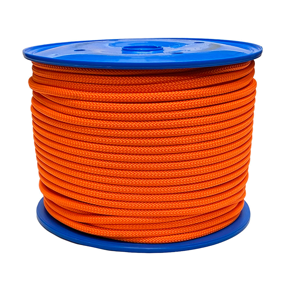 Spool of orange LSK rope on a blue reel  with a white background