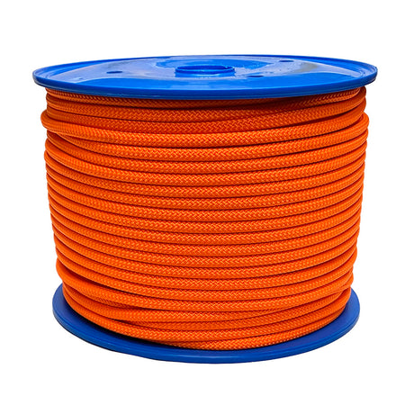 Spool of orange LSK rope on a blue reel  with a white background