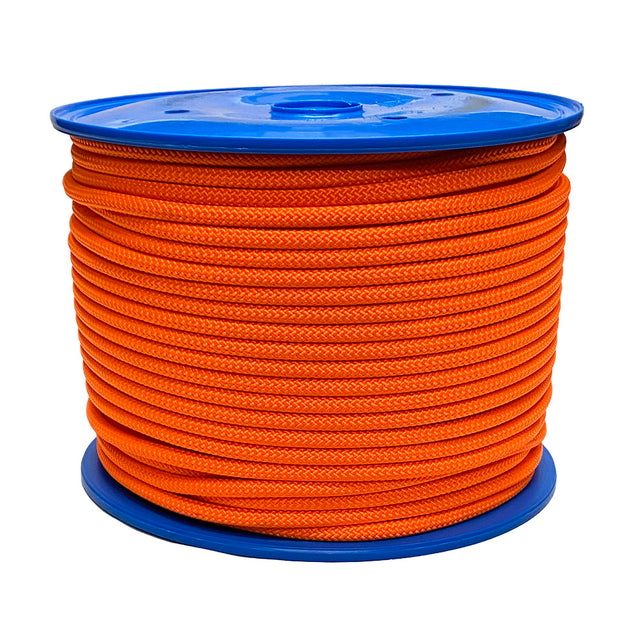 Spool of orange LSK rope on a blue reel  with a white background