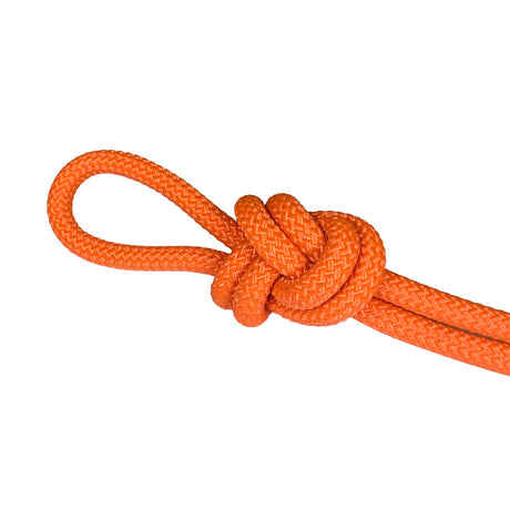 Close-up of orange braided LSK rope with a knot on a white background 