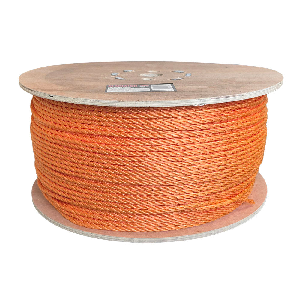 Spool of 6mm orange rope on a wooden reel with a white background