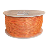 Spool of 6mm orange rope on a wooden reel with a white background