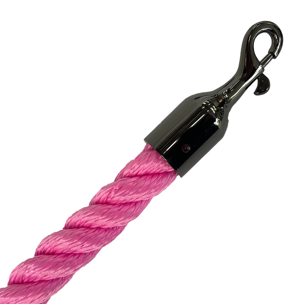 Pink rope with a black metal clip on a white background