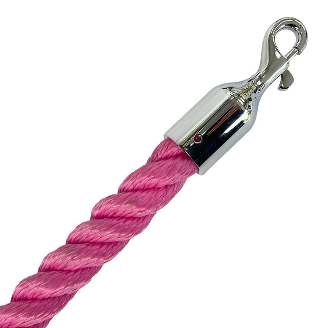 Pink rope with a silver hook on a white background