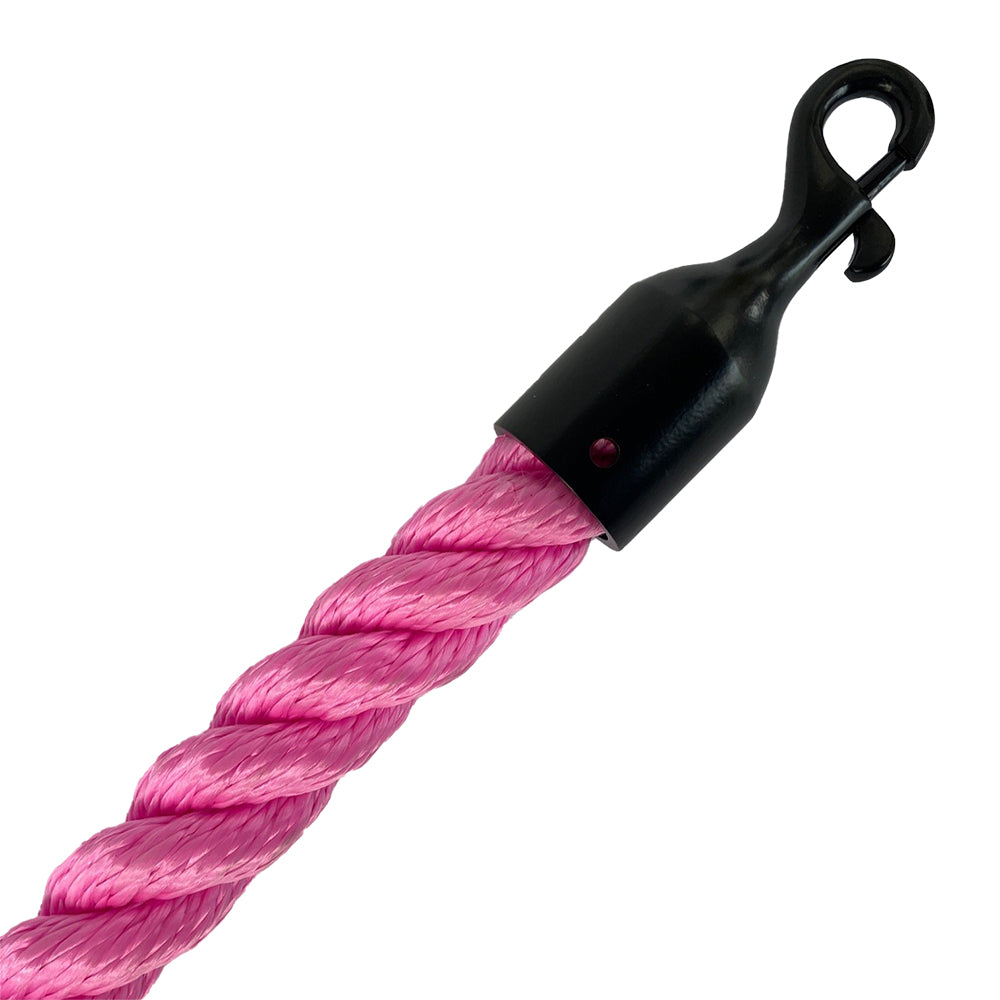 Pink rope with a black metal hook on a white background