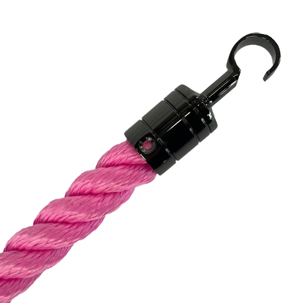 Pink rope with a black metal hook on a white background