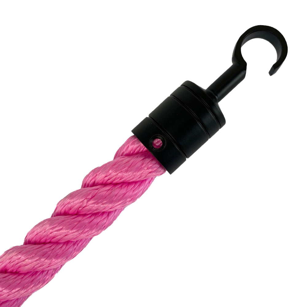 Pink rope with a black metal hook on a white background