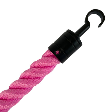 Pink rope with a black metal hook on a white background