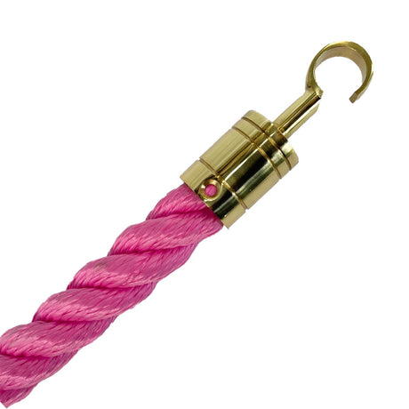 Pink rope with a gold metal hook on a white background