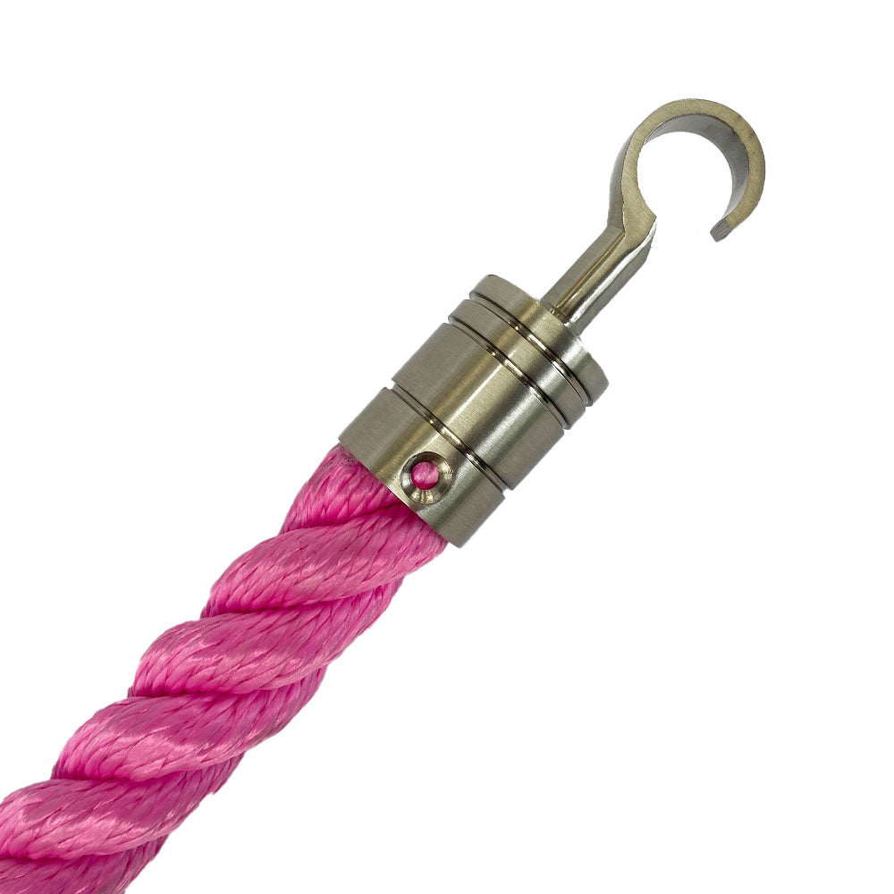 Pink rope with a silver hook on a white background